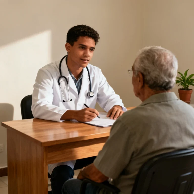 Auxilio-doença negado. Jovem médico atendendo um idoso em consultório, realizando uma consulta médica cuidadosa e expressando atenção e profissionalismo.