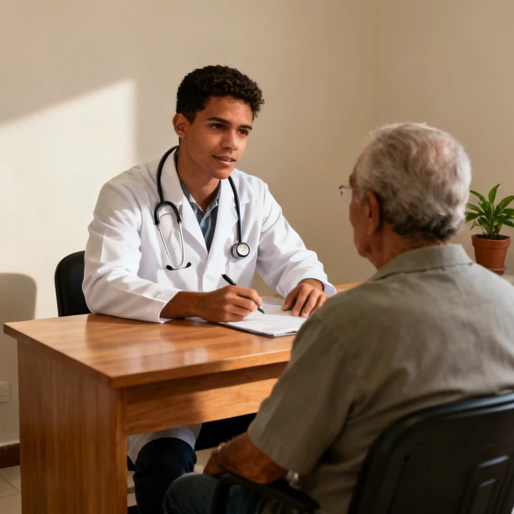 Auxilio-doença negado. Jovem médico atendendo um idoso em consultório, realizando uma consulta médica cuidadosa e expressando atenção e profissionalismo.