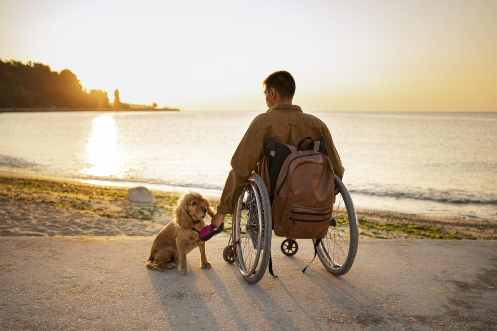 Homem em cadeira de rodas com seu cachorro olhando para o horizonte. É o pôr do sol amarelo na beira da praia.