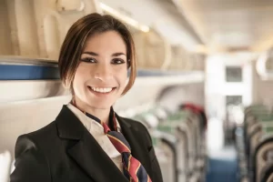 Comissária de bordo sorridente dentro de avião, símbolo de atendimento ao cliente no setor de aviação comercial. Comissário de Bordo Aposentado pode Continuar Voando?
