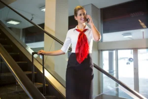 Diárias de viagem para aeronautas: natureza salarial ou indenizatória? Na imagem: Mulher de uniforme de atendente de hotel ou recepcionista, sorridente, usando saia preta e camisa branca com lenço vermelho, acessando o celular na entrada de um hotel