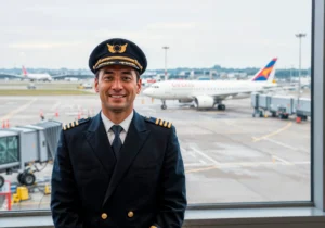 Aeronauta pode recusar voo por fadiga. Na imagem: Comissário de bordo sorridente de uniforme na área de embarque do aeroporto, com aviões no fundo. Jornada de trabalho na aviação. Serviço de piloto de avião.