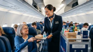 Comissária de bordo entrega uma refeição em uma bandeja para passageira sentada em avião comercial durante o serviço de bordo, com itens e bebidas em carrinho ao lado.