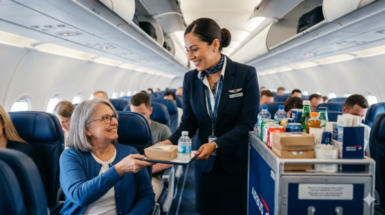 Comissária de bordo entrega uma refeição em uma bandeja para passageira sentada em avião comercial durante o serviço de bordo, com itens e bebidas em carrinho ao lado.