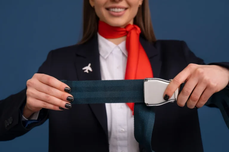 Mulher de terno escuro e camisa branca usando um lenço vermelho, segurando um cinto de tecido azul com fivela metálica ao centro; imagem com foco na vestimenta e na prática de vestir