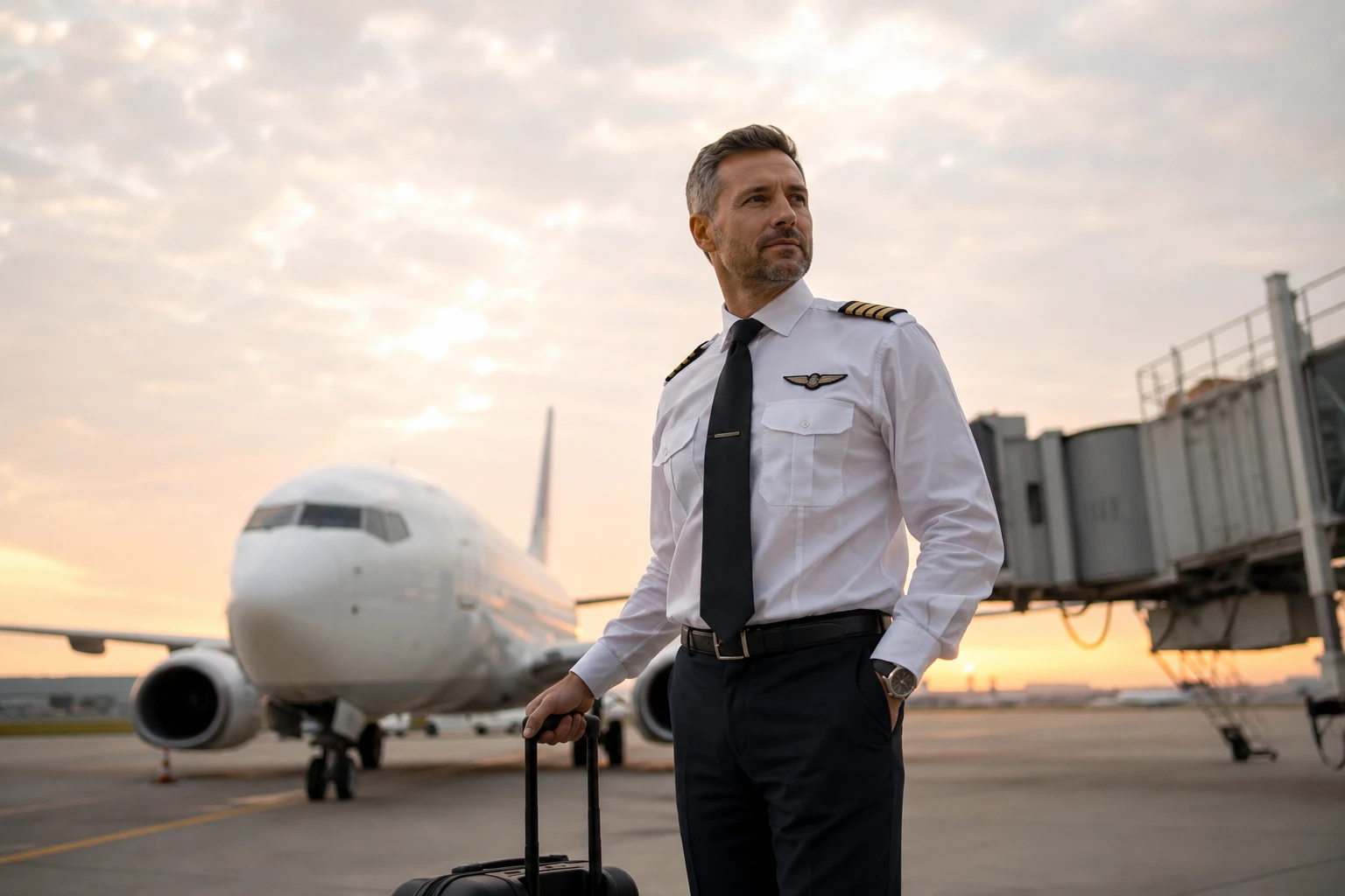 Homem uniformizado como piloto, com camisa azul clara e gravata preta, segurando uma mala de cabine ao lado de um avião no pátio do aeroporto ao entardecer, com hangar e pista ao fundo.