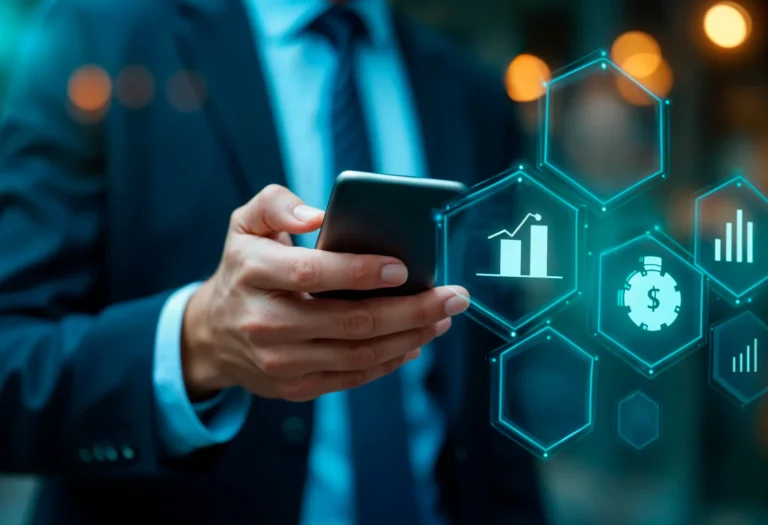 Homem em terno segurando um smartphone e interagindo com ícones holográficos de finanças e gráficos de crescimento em estilo futurista, tecnologia e negócios. Post sobre Herança Digital.