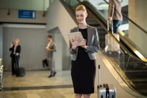 Mulher executiva com terno e vestido preto caminha em aeroporto, segura uma pasta e sorri enquanto puxa uma mala de viagem ao lado de escadas rolantes. Blogpost "Tempo em solo".