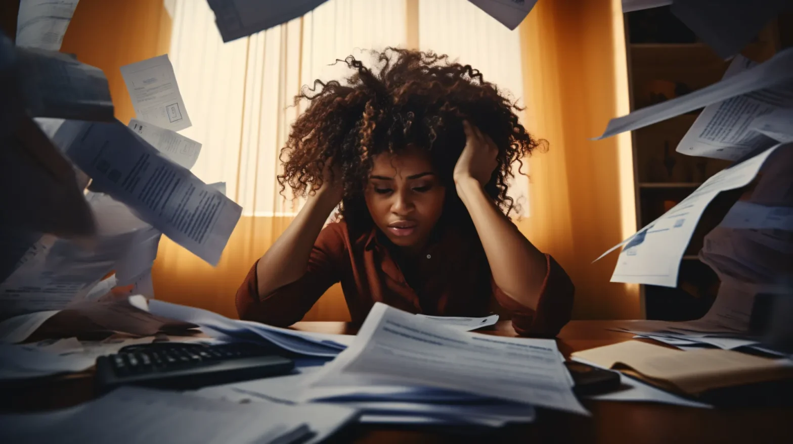 Mulher negra com cabelo cacheado e roupas escuras sentada em uma mesa lotada de documentos e papéis, com expressão de preocupação enquanto tenta organizar o trabalho e os formulários. Dívida caduca