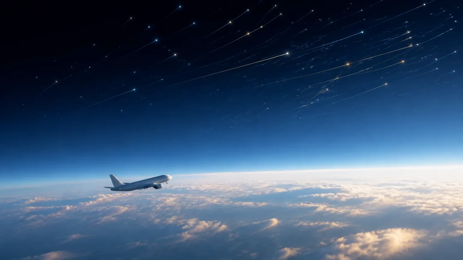 Aeronave em grande altitude sob representação sutil da radiação cósmica