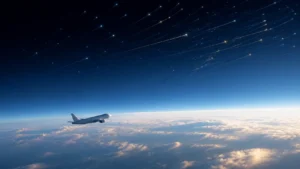 Aeronave em grande altitude sob representação sutil da radiação cósmica