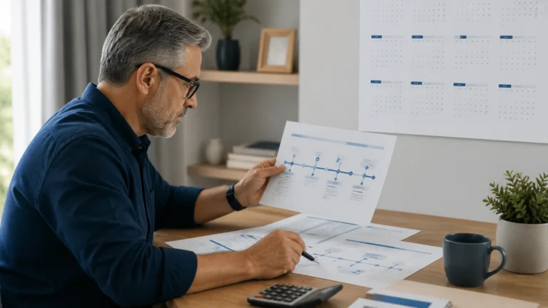 Pessoa analisando calendário e documentos de aposentadoria de 2026