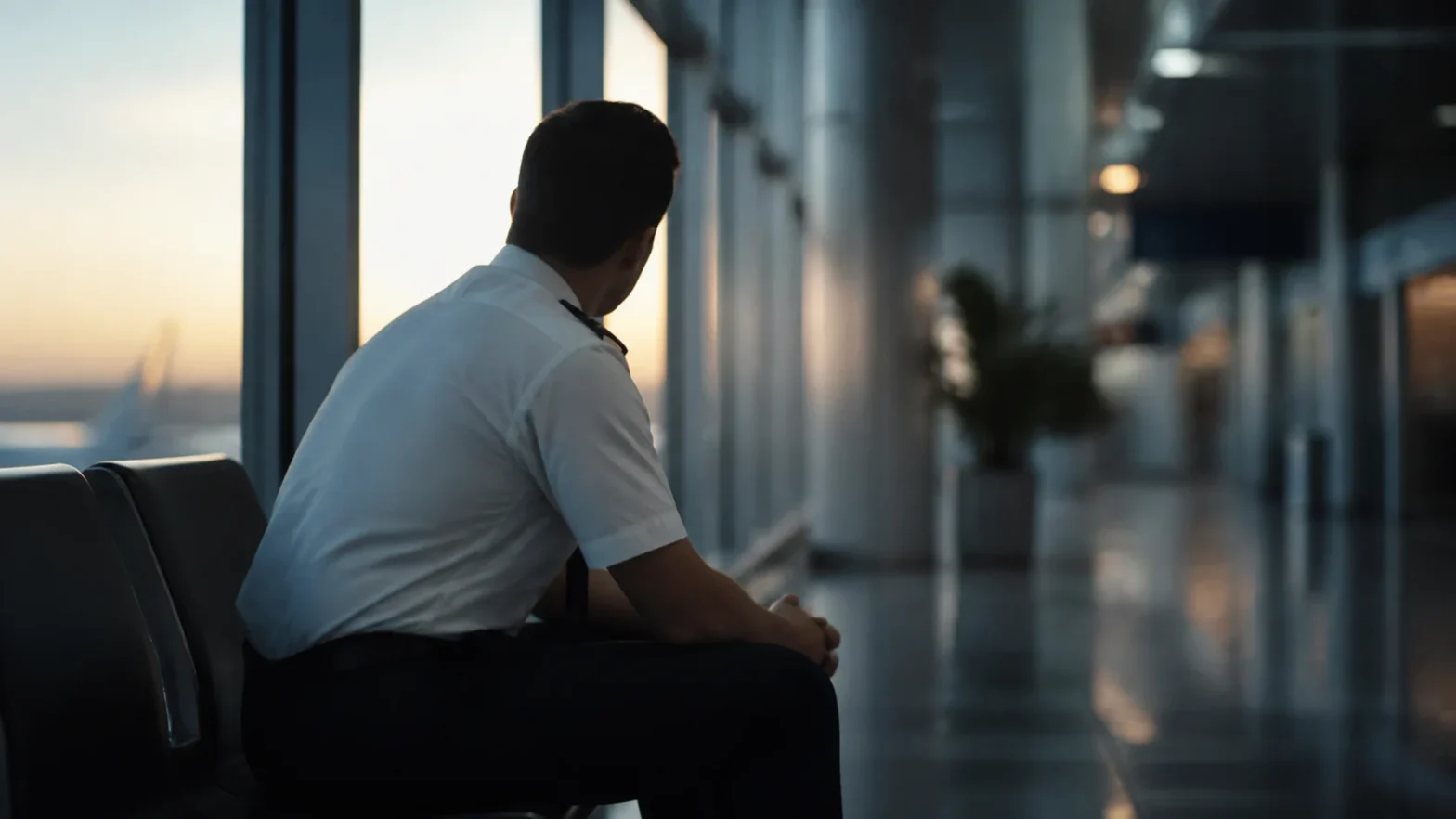 Profissional da aviação em pausa reflexiva em um terminal de aeroporto