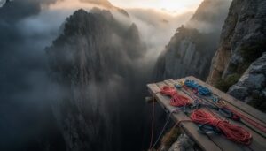 Equipamentos de segurança e cordas de escalada em plataforma sobre cânion natural ao amanhecer