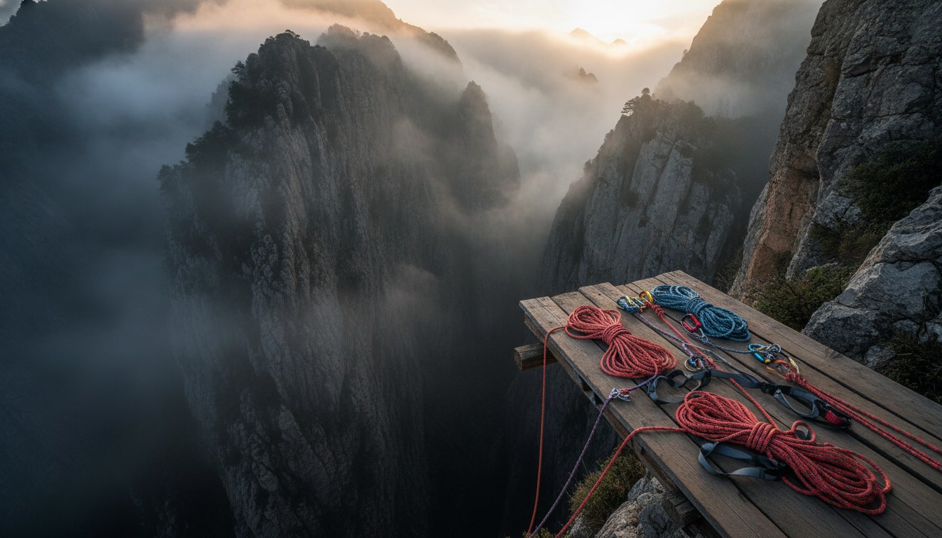 Equipamentos de segurança e cordas de escalada em plataforma sobre cânion natural ao amanhecer