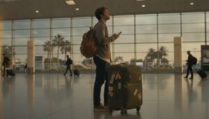 Mala de viagem com etiquetas no saguão de desembarque de aeroporto