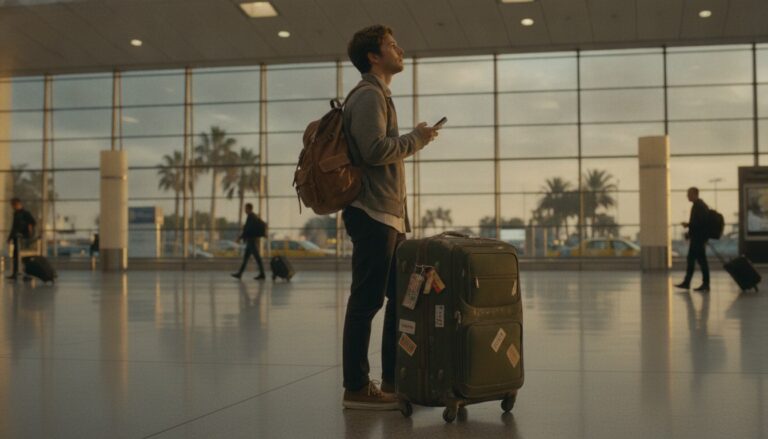 Mala de viagem com etiquetas no saguão de desembarque de aeroporto