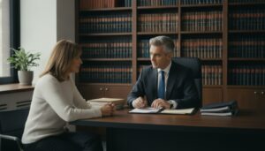 Um advogado em traje social consulta uma cliente em seu escritório, com livros ao fundo, discutindo documentos relacionados a um caso de limbo previdenciário. A cena transmite seriedade, empatia e o apoio jurídico oferecido.