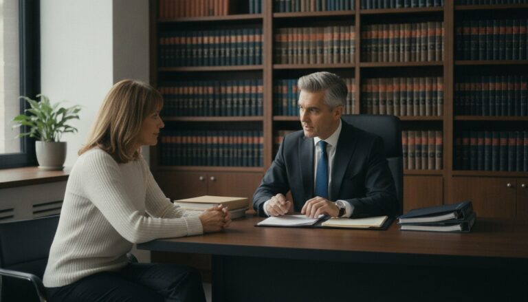 Um advogado em traje social consulta uma cliente em seu escritório, com livros ao fundo, discutindo documentos relacionados a um caso de limbo previdenciário. A cena transmite seriedade, empatia e o apoio jurídico oferecido.