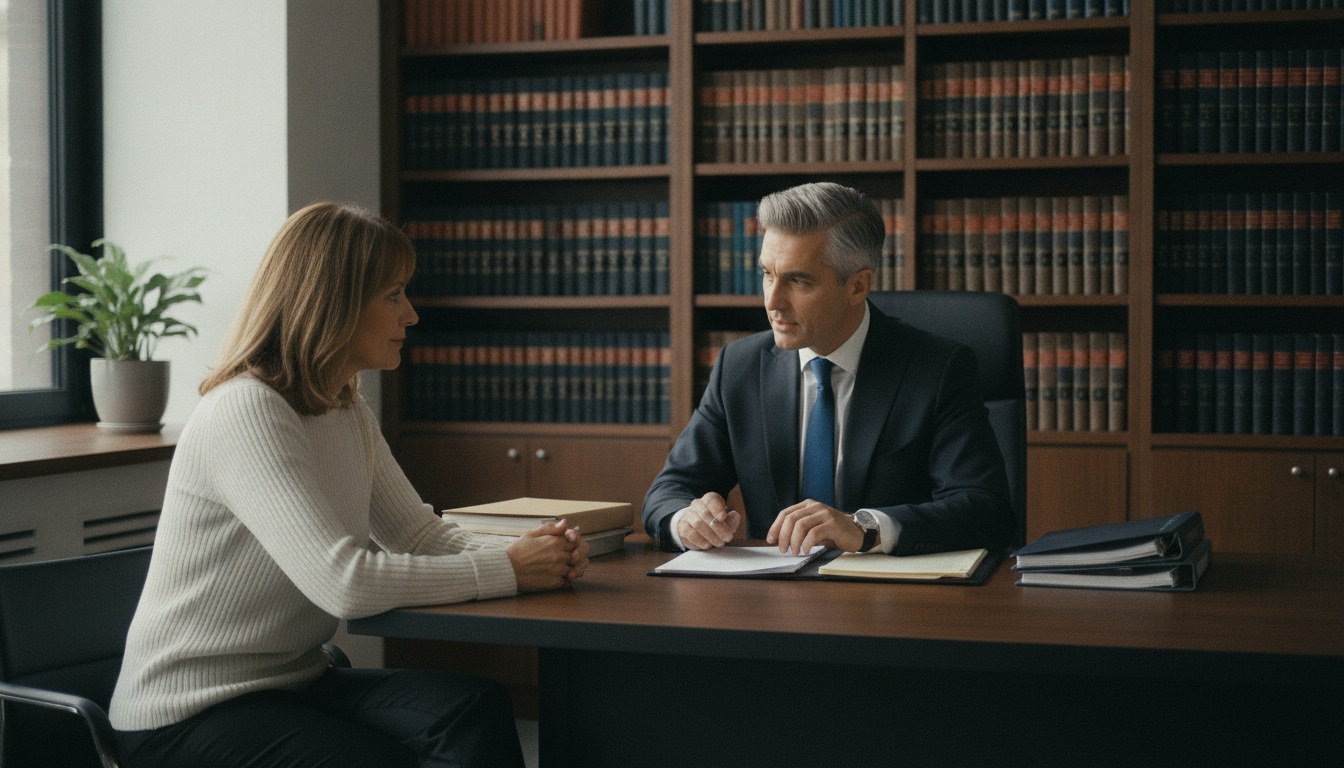 Um advogado em traje social consulta uma cliente em seu escritório, com livros ao fundo, discutindo documentos relacionados a um caso de limbo previdenciário. A cena transmite seriedade, empatia e o apoio jurídico oferecido.