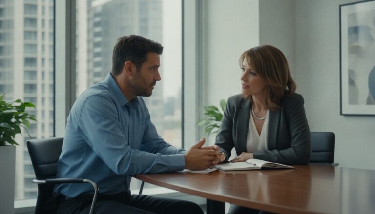 Um trabalhador em uma reunião séria com uma gestora de recursos humanos em um escritório corporativo moderno, discutindo o retorno ao trabalho após alta do INSS.