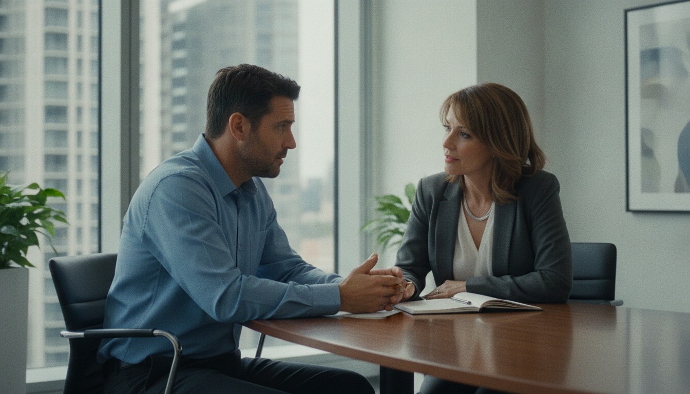 Um trabalhador em uma reunião séria com uma gestora de recursos humanos em um escritório corporativo moderno, discutindo o retorno ao trabalho após alta do INSS.