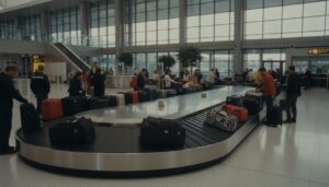 Esteira de bagagens em terminal de aeroporto com malas e pertences de passageiros em trânsito