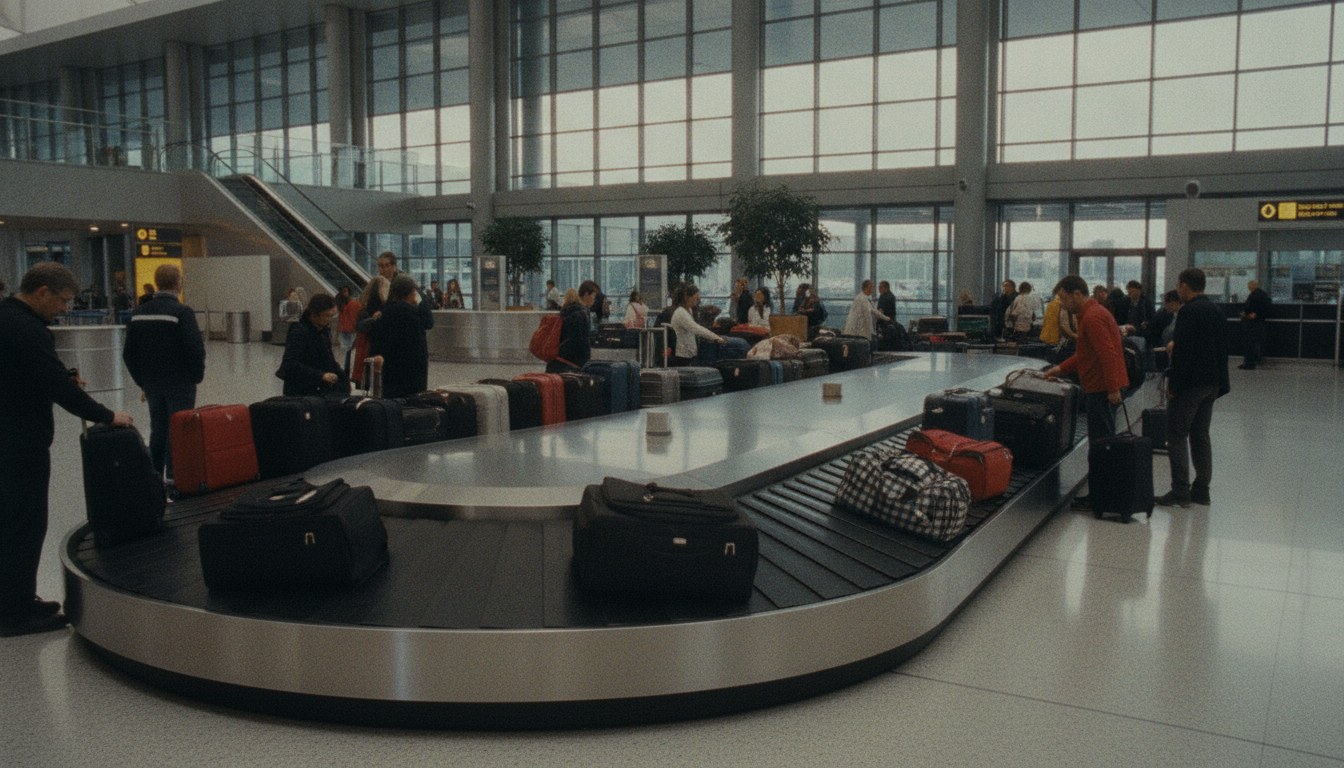 Esteira de bagagens em terminal de aeroporto com malas e pertences de passageiros em trânsito