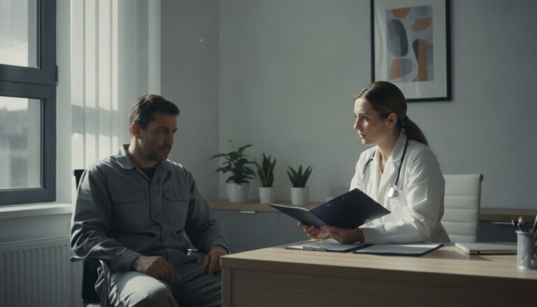 Trabalhador preocupado em consulta com médico do trabalho em consultório moderno, discutindo aptidão para retorno ao trabalho após alta do INSS.
