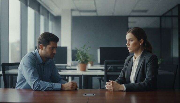 Um trabalhador com expressão preocupada em uma reunião séria com uma gestora de recursos humanos em um escritório corporativo moderno, com iluminação natural. A gestora tem uma expressão profissional e firme, enquanto o trabalhador parece apreensivo com a situação do limbo previdenciário.