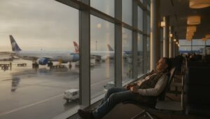 Passageiro aguardando no saguão de embarque do aeroporto com aviões na pista ao entardecer